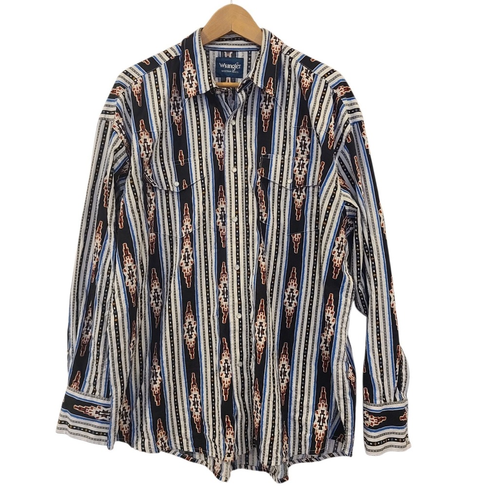 Vintage Wrangler Checotah Western‎ Shirt Mens XL Blue Rodeo Aztec Pearl Snap